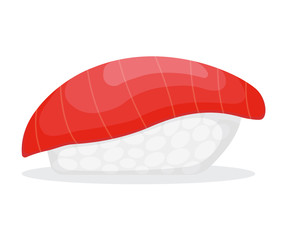 Piece fish tuna salmon with rice, fresh roll sushi isolated on white, cartoon vector illustration. Healthy fat seafood stuff icon, omega 3 food.