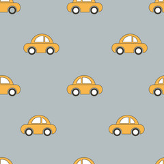 Modèle sans couture de voitures de dessin animé jaune mignon. Illustration vectorielle.