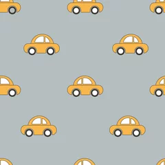 Poster Cars Cute yellow cartoon cars seamless pattern. Vector illustration.