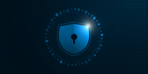 Cyber security illustration, light blue guard on dark grid background.