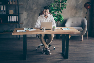 Portrait of his he nice attractive confident focused man skilled geek qualified top IT expert...