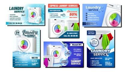 Laundry Services Advertising Posters Set Vector. Collection Of Different Promo Banners Flyers With Laundry Washing Machine Electronic Tool And Basket Filled. Housework Template Illustrations