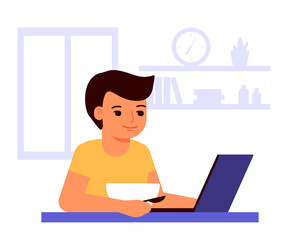 Boy eats and looks at laptop. Food and using laptop. Stay at home. Internet addiction. Game, play, recreation, leisure at home. Vector illustration