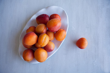 Fresh and juicy apricots in a ceramic plate. Natural light