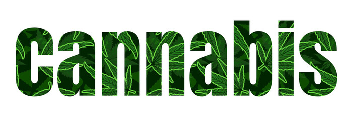 Cannabis word with background as cannabis leafs inside letters 