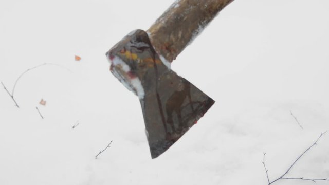 in the woods, maniac brutally kills a woman with an ax.