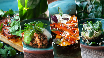 Collage of healthy vegan food. Four photos of dishes: salads, tofu, avocado dishes and carrots....