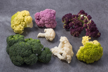 Colorful cauliflower cabbages. Healthy food