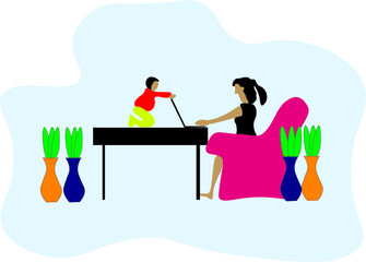Simple vector of work from home woman with her child. Covid-19 related issue.