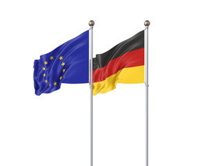 Two realistic flags. 3D illustration on white background. European Union vs Germany. Thick colored silky flags of European Union and Germany.