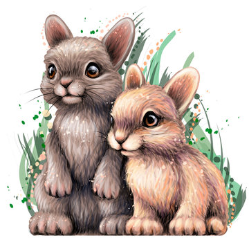 Little rabbits. Wall sticker. Color, artistic, hand-drawn portrait of two cute little rabbits in watercolor style on a white background.
