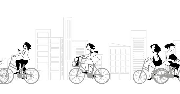 Animation of people ride bike on the street away to work. People on bike in flat style with city background.