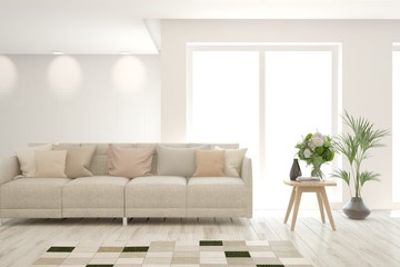 Naklejka premium White living room with sofa. Scandinavian interior design. 3D illustration