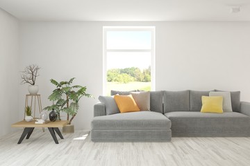 White living room with sofa. Scandinavian interior design. 3D illustration