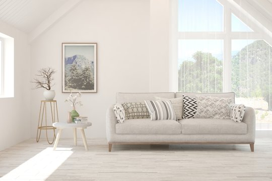 White living room with sofa. Scandinavian interior design. 3D illustration