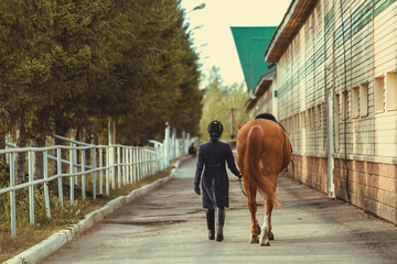 Rider woman with the horse are walking in a stable outdoors for dressage training