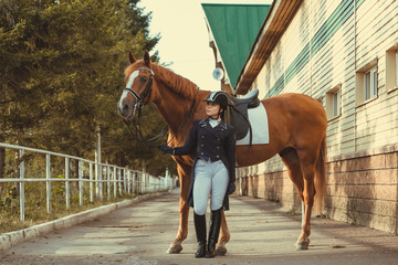 Beautiful professional female jockey standing near horse. woman horse rider is preparing to equitation. girl and horse. equestrian sport concept. dressage horse 