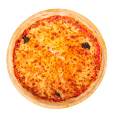 Whole pizza with mozzarella, bocconcini and basil leaves or pizza margherita on a round wooden platter isolated on white background with clipping path, top view