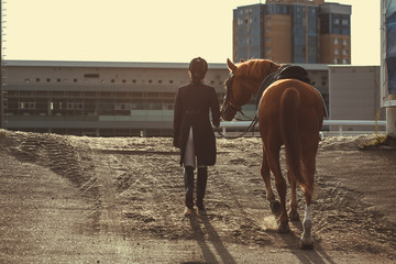 Rider woman with the horse are walking in a stable outdoors for dressage training