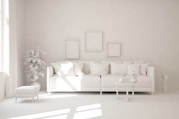 White minimalist living room with sofa. Scandinavian interior design. 3D illustration