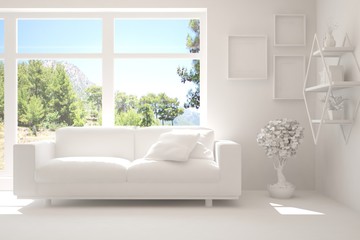 White living room with sofa and summer landscape in window. Scandinavian interior design. 3D illustration