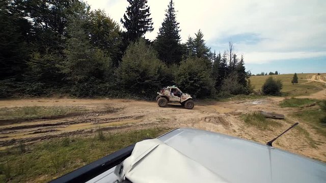 OFF road 4x4. POV driver on dirt road