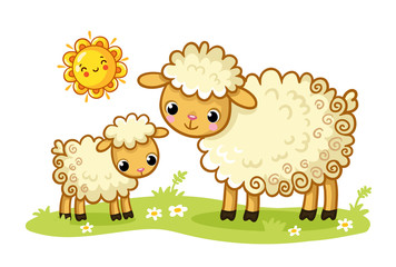 A sheep and a lamb stand in a green sunny meadow. Vector illustration with cute animals