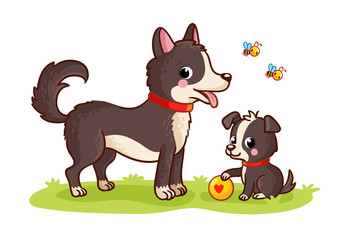 Obraz na płótnie Canvas Dog and puppy play ball in a green meadow. Mom and baby. Vector illustration with cute pets