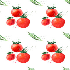 Seamless pattern of red watercolor tomatoes and fresh rosemary. Hand drawn vegetables wrapping for italian cuisine, vegetarian and vegetable food design