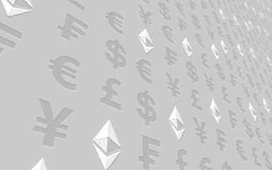 Ethereum classic and currency on a white background. Digital crypto currency symbol. Business concept. Market Display. 3D illustration