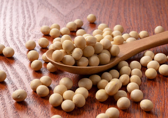 Japanese style background. Soybeans and spoon
