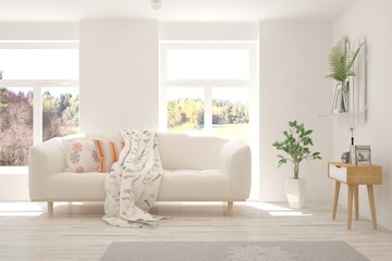 White living room with sofa. Scandinavian interior design. 3D illustration