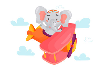 Elephant pilot is flying on plane through the clouds. Cute cartoon vector illustration for children on white isolated background.