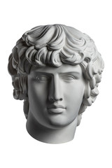 Gypsum copy of famous ancient statue Antinous head isolated on a white background. Plaster antique sculpture young man face. Renaissance epoch. Portrait.