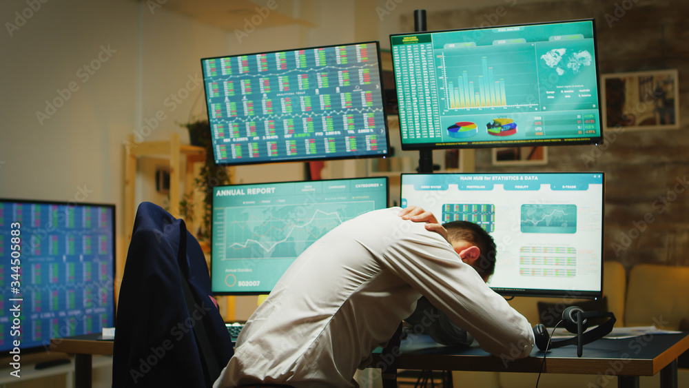 Poster angry stock market trader throwing graphs because of money loss in his home office with multiple dis