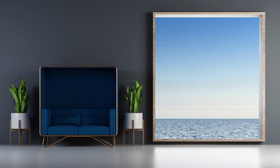 Fototapeta premium New normal interior design of living room and window frame and sea view
