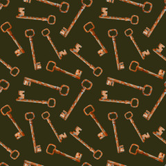 Watercolor old rusty keys seamless pattern. Hand drawn vintage rustic elements on dark background. Illustration for cards, posters, Halloween decoration, design, books, package.
