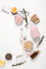 Natural cosmetics with ingredients on white background