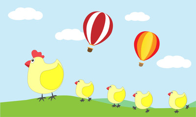 Flat design of cute cartoon of mother hen and her baby little chicks walking on grass with colorful balloons, white clouds and blue sky background. Vector Illustration.