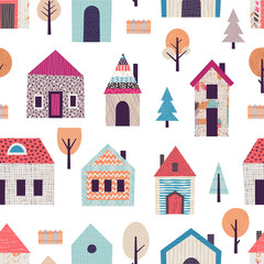 Seamless pattern with stylized houses and trees. Can be used on packaging paper, fabric, background for different images, etc.