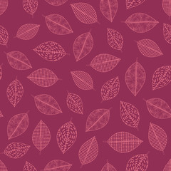 Vector Red Leaves Line Art on Red Background. Seamless Repeat Pattern. Background for textiles, cards, manufacturing, wallpapers, print, gift wrap and scrapbooking.