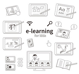 Eラーニングのイメージ。タブレット学習、オンライン学習の線画イラストセット。国算理社英ほか。
