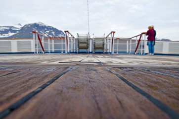 Detail and close up of wooden teak deck floor on classic cruise ship or cruiseship liner