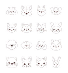 set of heads of cats and dogs , line style icon
