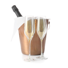 Bucket with bottle of champagne and glasses on white background