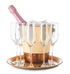 Bucket with bottle of champagne and glasses on white background