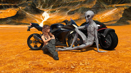 Young woman sitting next to a motorcycle with an alien © Bert Folsom