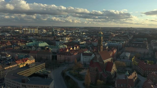 Aerial view of &Ouml;stermalm in Stockholm City during sunset.
