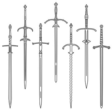 Set of simple vector images of medieval two-handed swords drawn in art line style.