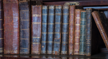 old books placed on wooden shelf